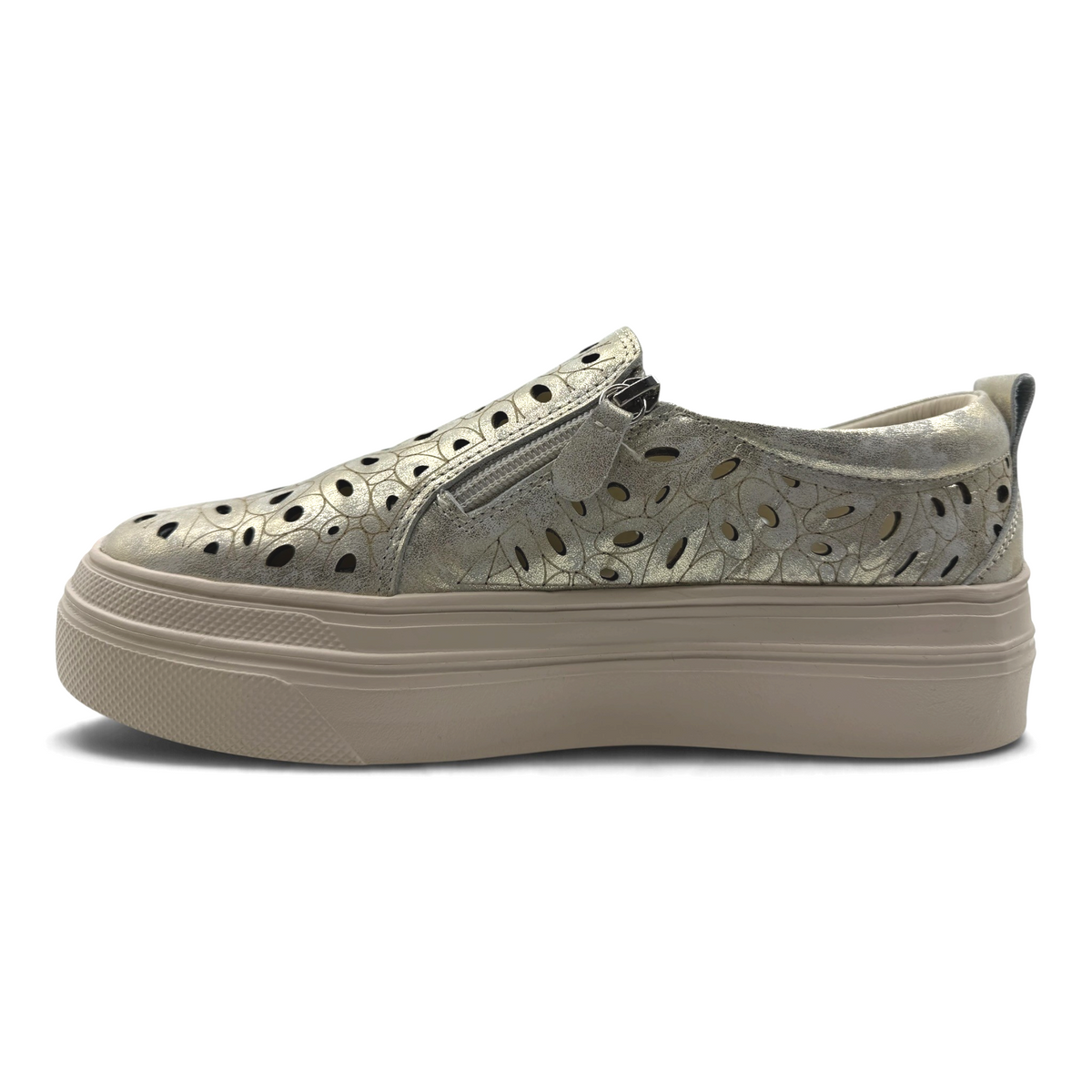 The Shoe Shop Triffic metallic leather sneaker with laser-cut floral patterns, side zip, and beige platform sole.