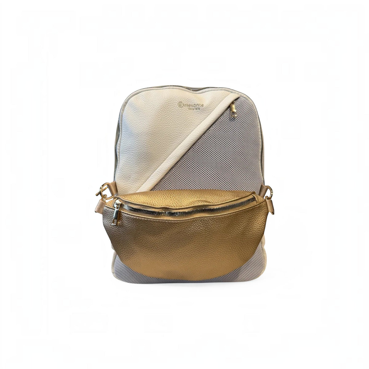 The Shoe Shop Remonte Trinity backpack in cream and grey with a detachable metallic gold crossbody bag