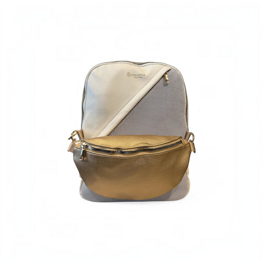 The Shoe Shop Remonte Trinity backpack in cream and grey with a detachable metallic gold crossbody bag