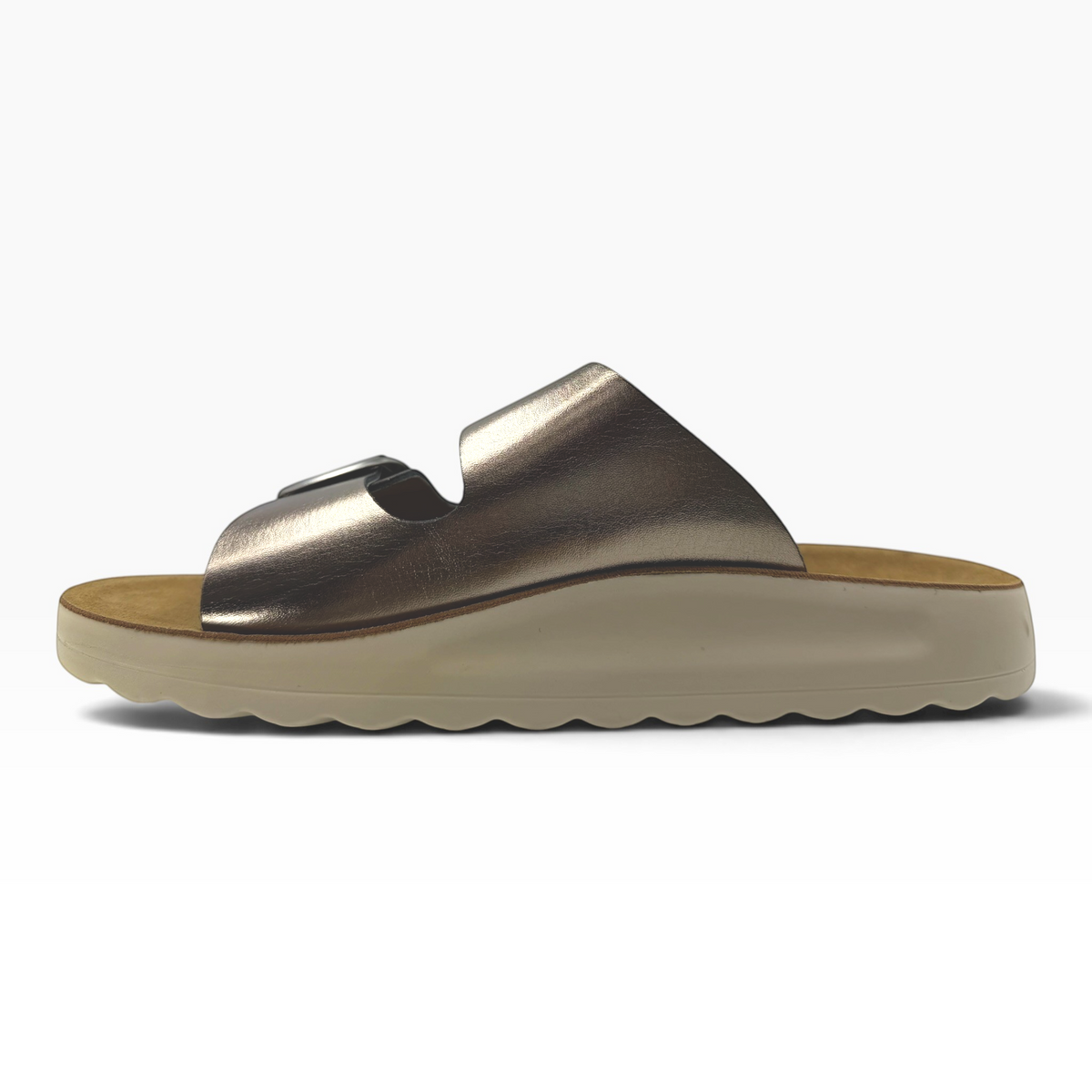 The Shoe Shop Trippie metallic gold slip-on sandal with a thick beige platform sole and side buckle detail.