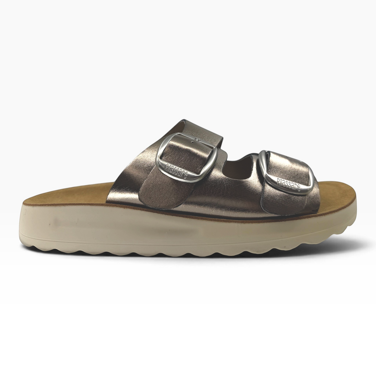 The Shoe Shop Trippie gold metallic platform slide sandals with double buckle straps and a white ripple sole