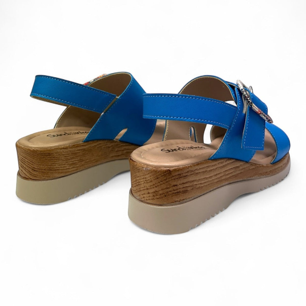 The Shoe Shop Turin blue wedge sandals with adjustable buckle and wood-look platform heel
