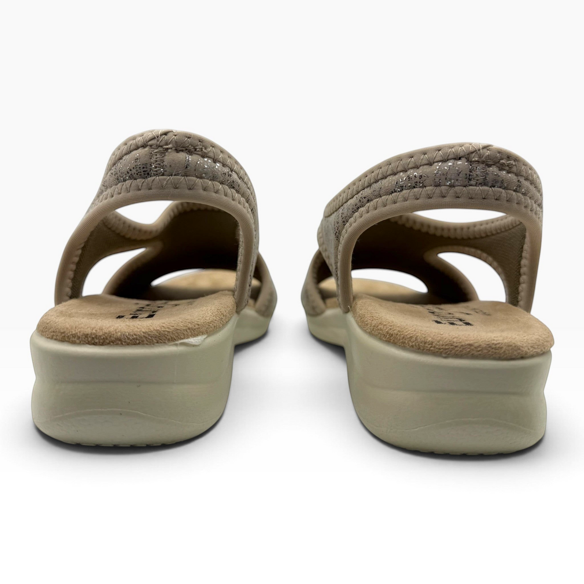 The Shoe Shop Tuscany vegan sandals in beige with a low cushioned wedge sole and flexible stretchy upper