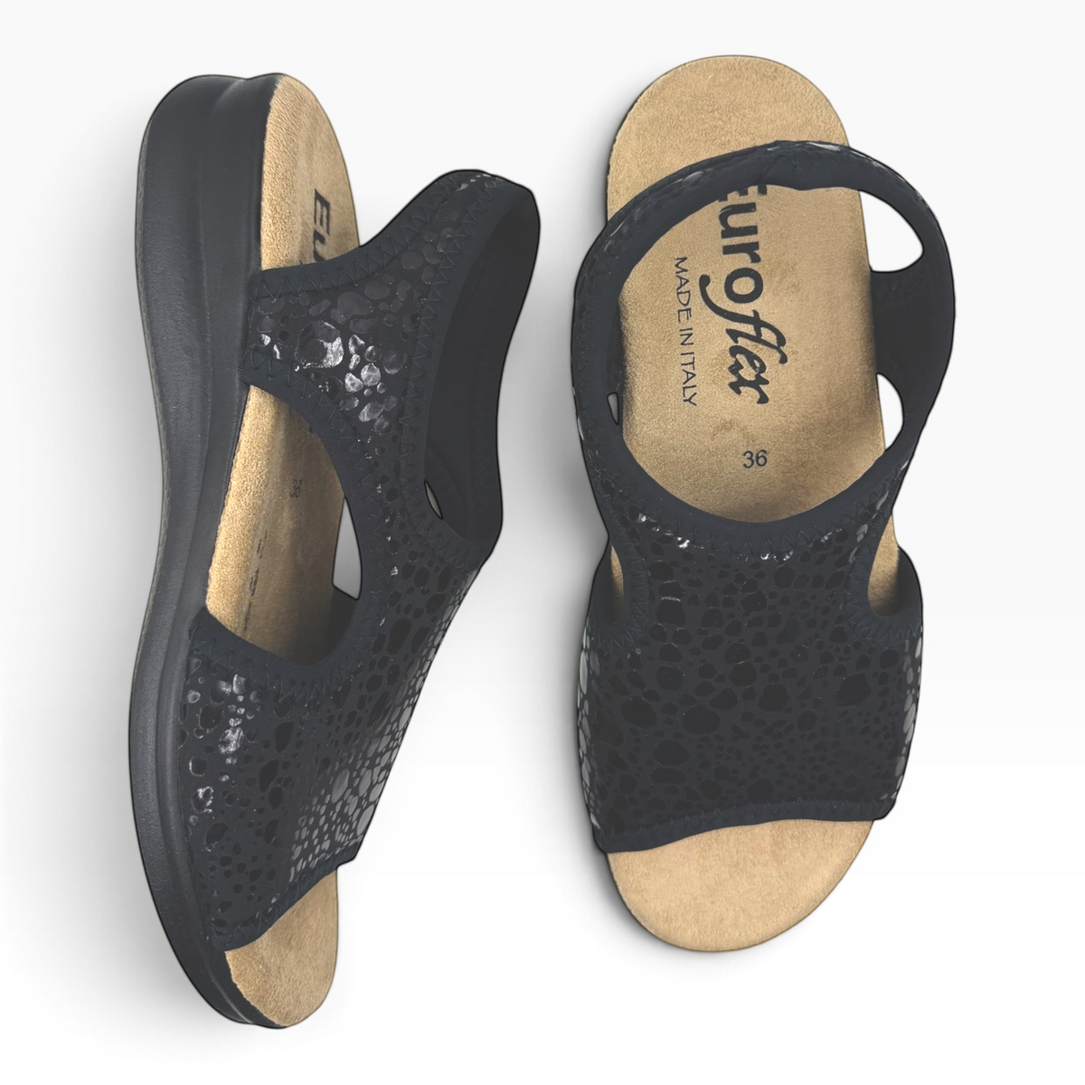 The Shoe Shop Tuscany black vegan sandals with a textured upper, cushioned footbed, and flexible low wedge sole.
