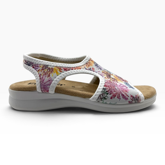 The Shoe Shop Tuscany vegan sandal with a white floral stretchy upper and comfortable cushioned low wedge sole