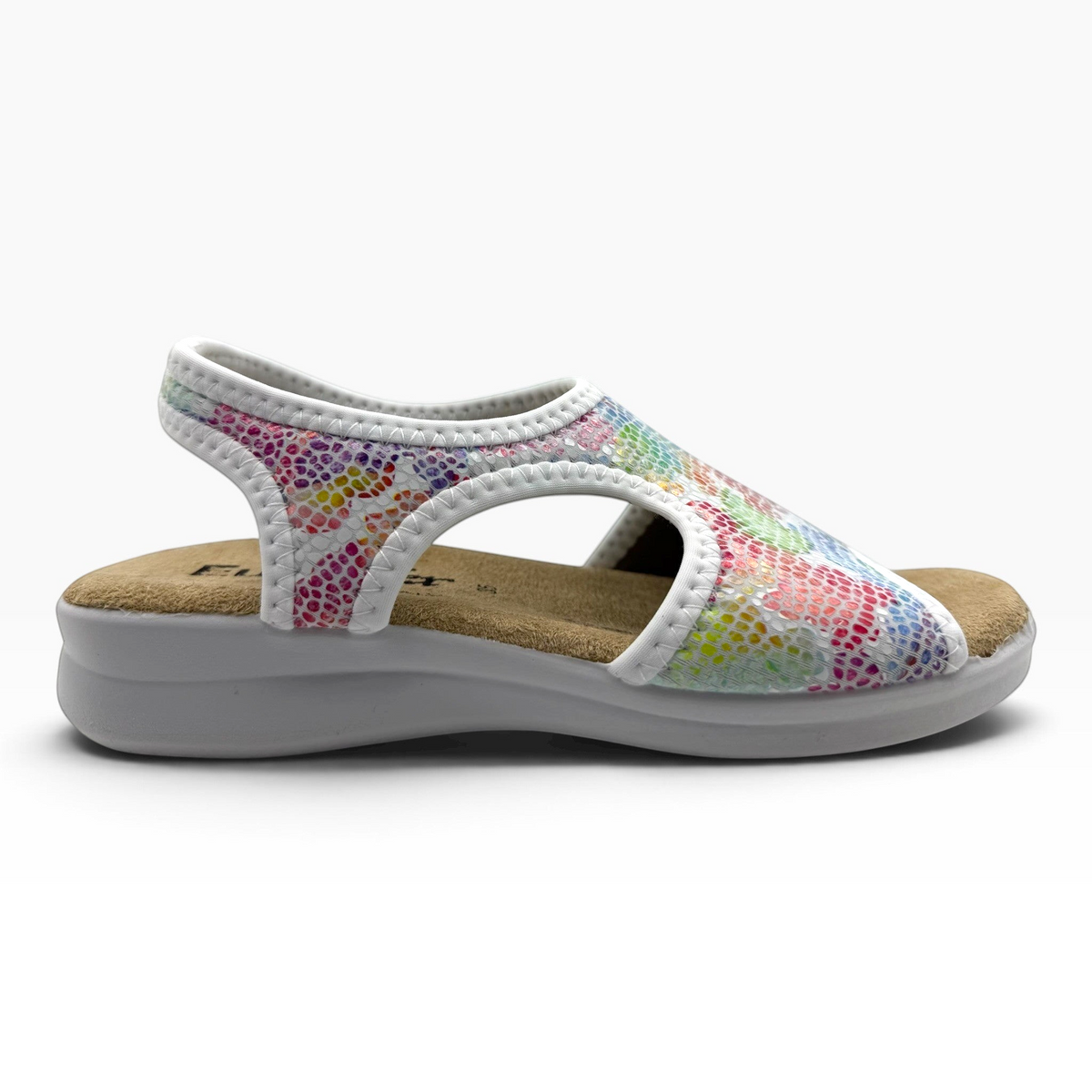 The Shoe Shop Tuscany vegan sandal with a white, multi-coloured snakeskin-patterned stretch upper and low wedge sole.