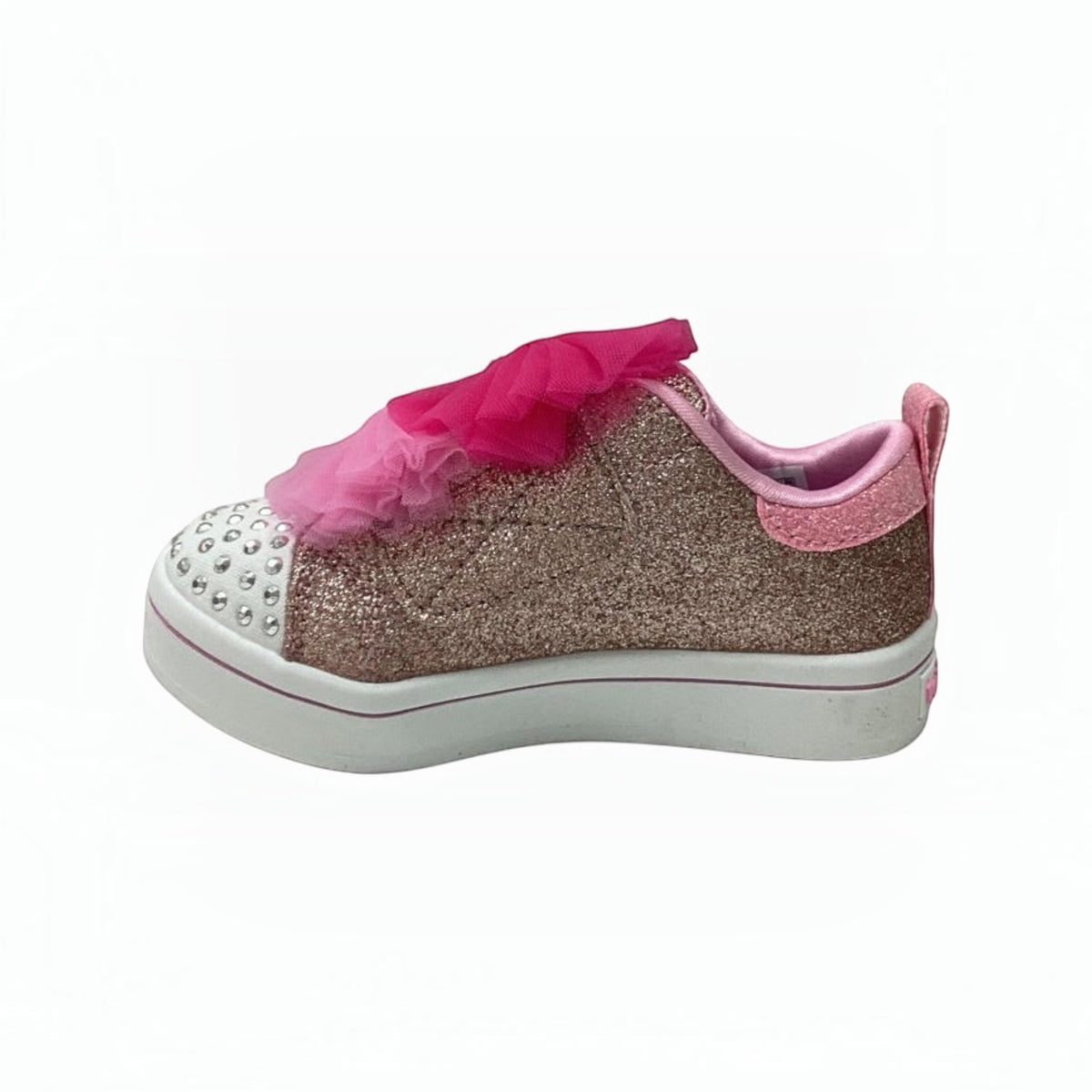 The Shoe Shop Twinkle Toes Twi-Lites 2.0 glitter sneaker with rhinestone toe cap and pink tulle bow detail