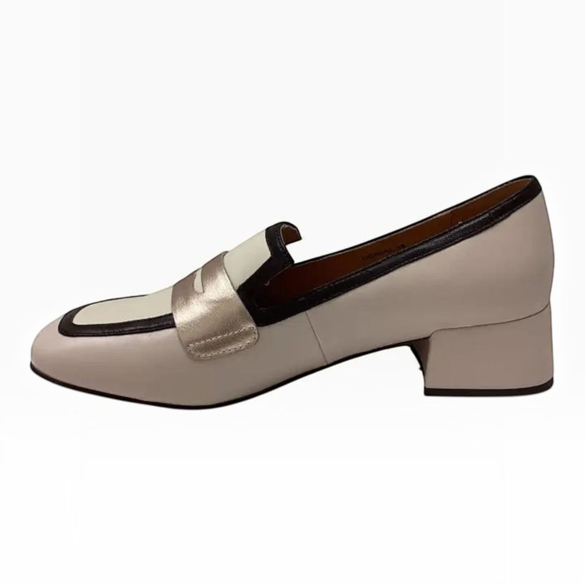 The Shoe Shop BRESLEY DENIAL two-tone leather loafer with a metallic strap and comfortable block heel