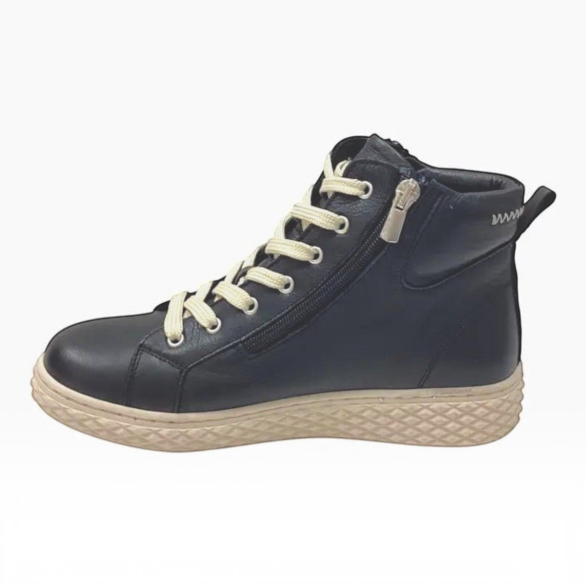 The Shoe Shop Una leather ankle boot in black with side zip, white laces, and a textured thermo rubber sole.