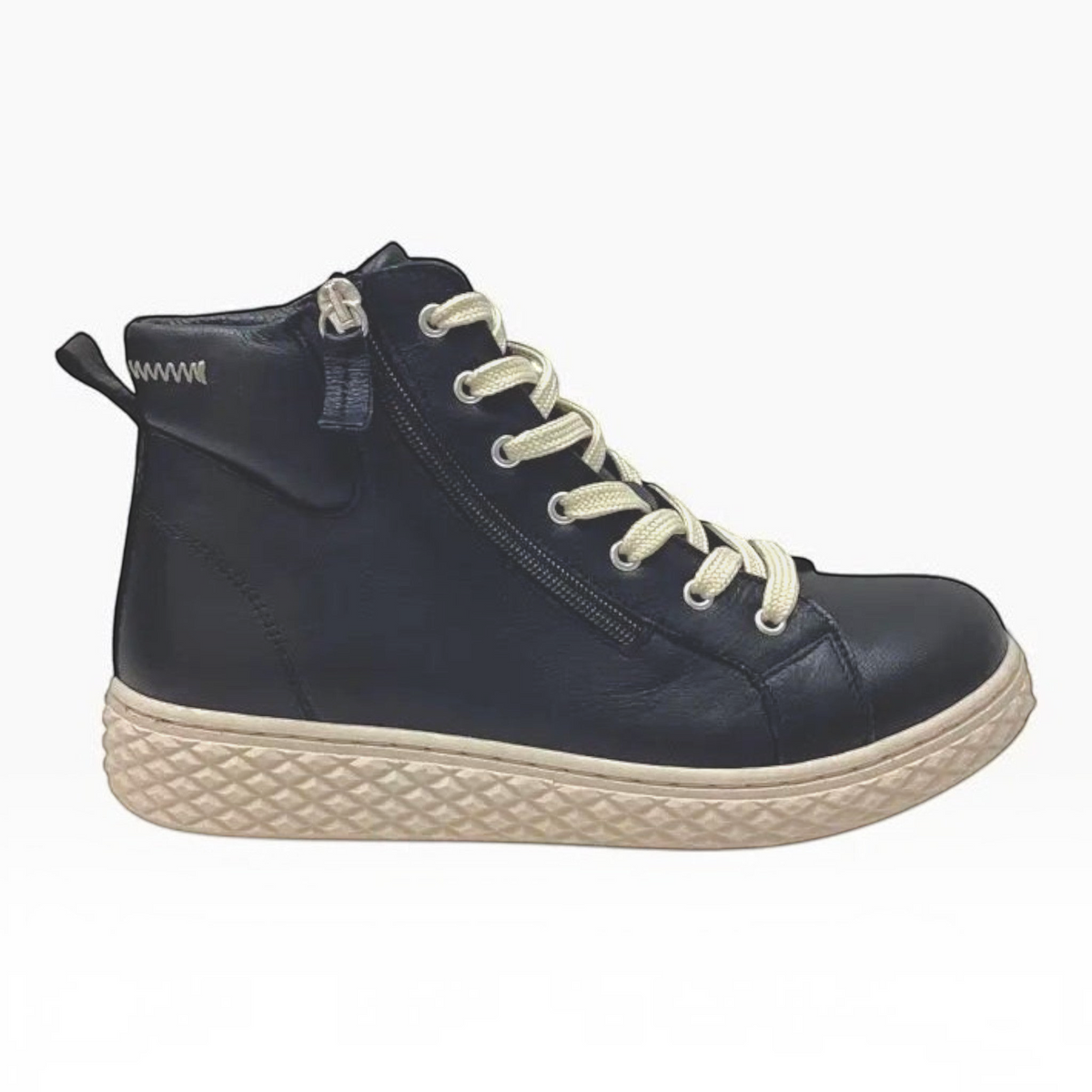 The Shoe Shop Una denim blue leather ankle boot with side zip, lace-up front, and textured rubber sole.