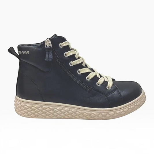 The Shoe Shop Una denim blue leather ankle boot with side zip, lace-up front, and textured rubber sole.