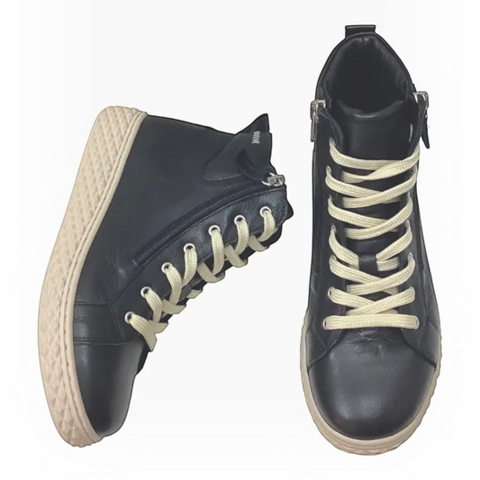The Shoe Shop Una leather ankle boots in denim blue with cream laces, side zips, and textured rubber soles.