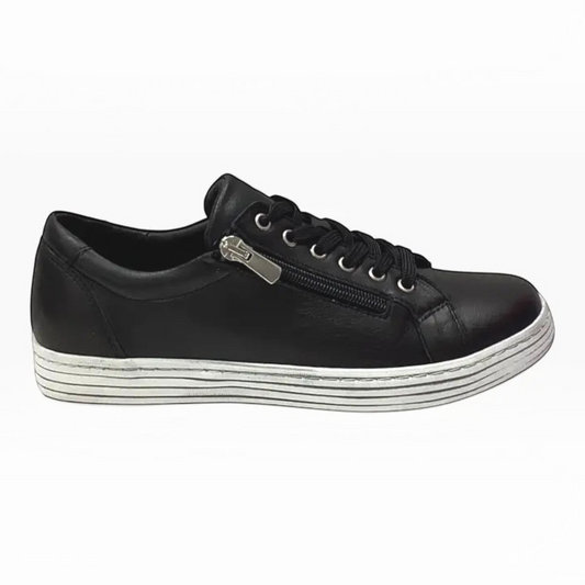 The Shoe Shop Unity black leather sneaker with side zip and lace-up closure on a white thermo sole.