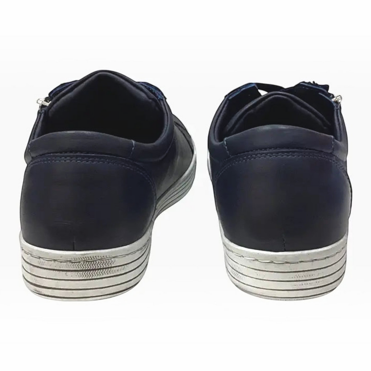 The Shoe Shop Cabello Unity navy leather sneakers showing the back view with white thermo soles