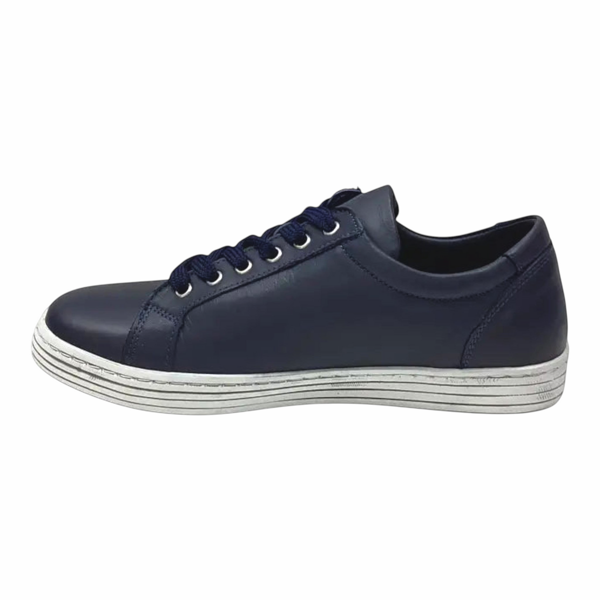 The Shoe Shop Unity navy blue leather sneaker with side zip, lace-up closure, and white thermo sole.