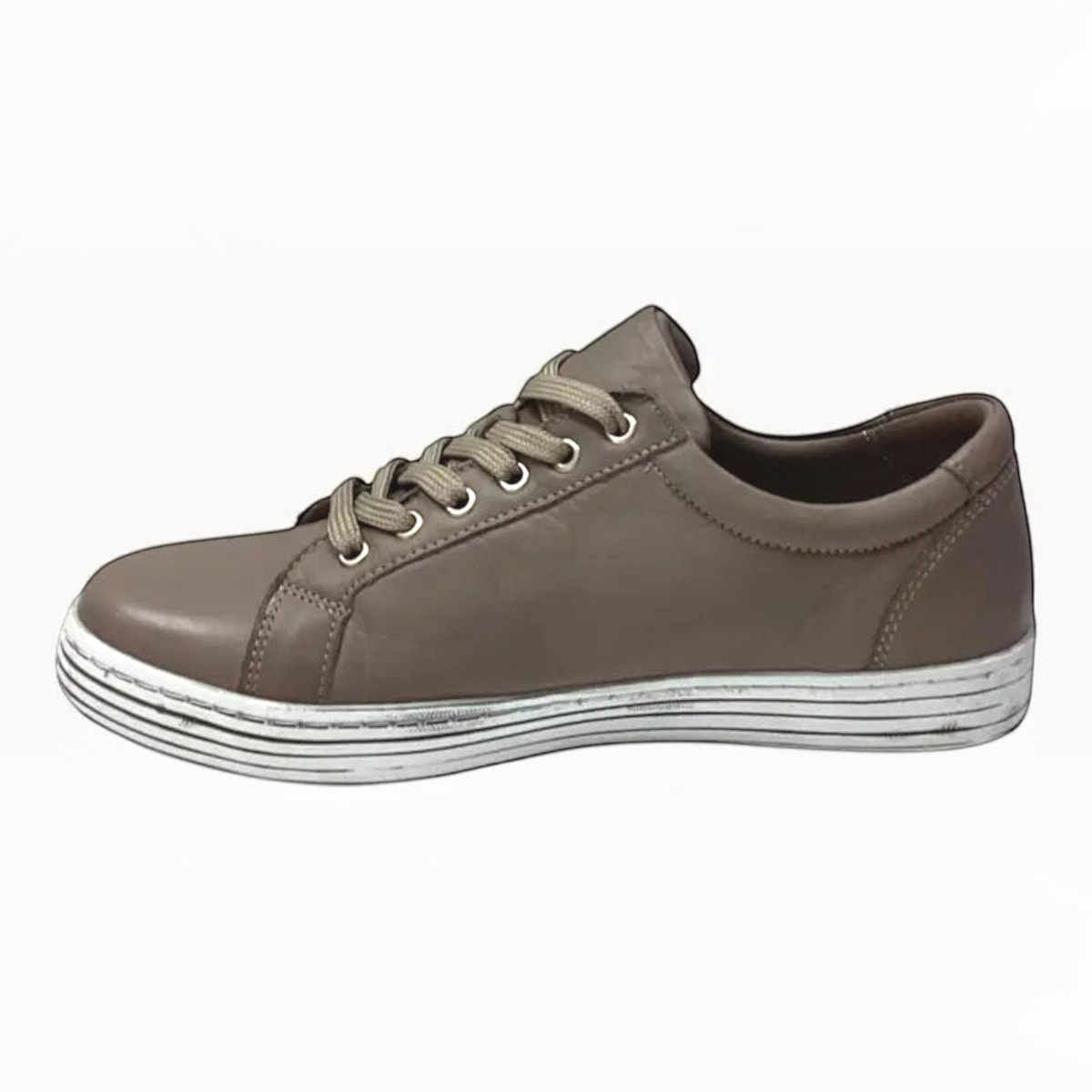 The Shoe Shop Unity leather sneaker in taupe with lace-up closure, side zip, and white textured thermo sole.
