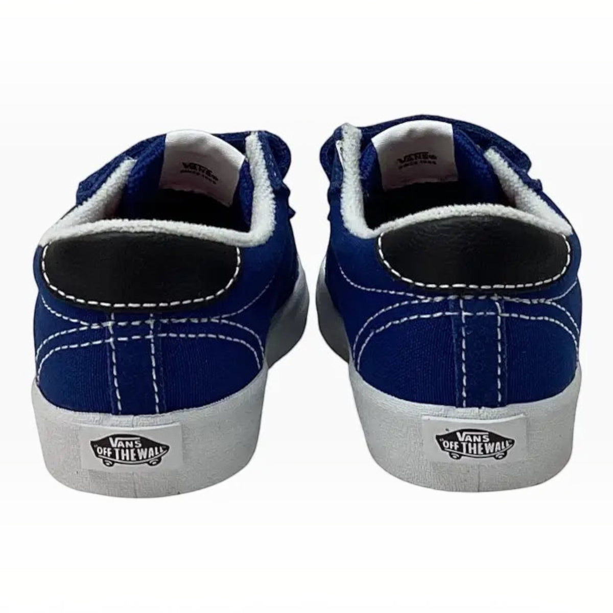 The Shoe Shop Vans Sport Low V toddler shoes in blue canvas with white stitching and heel logo detail, rear view.