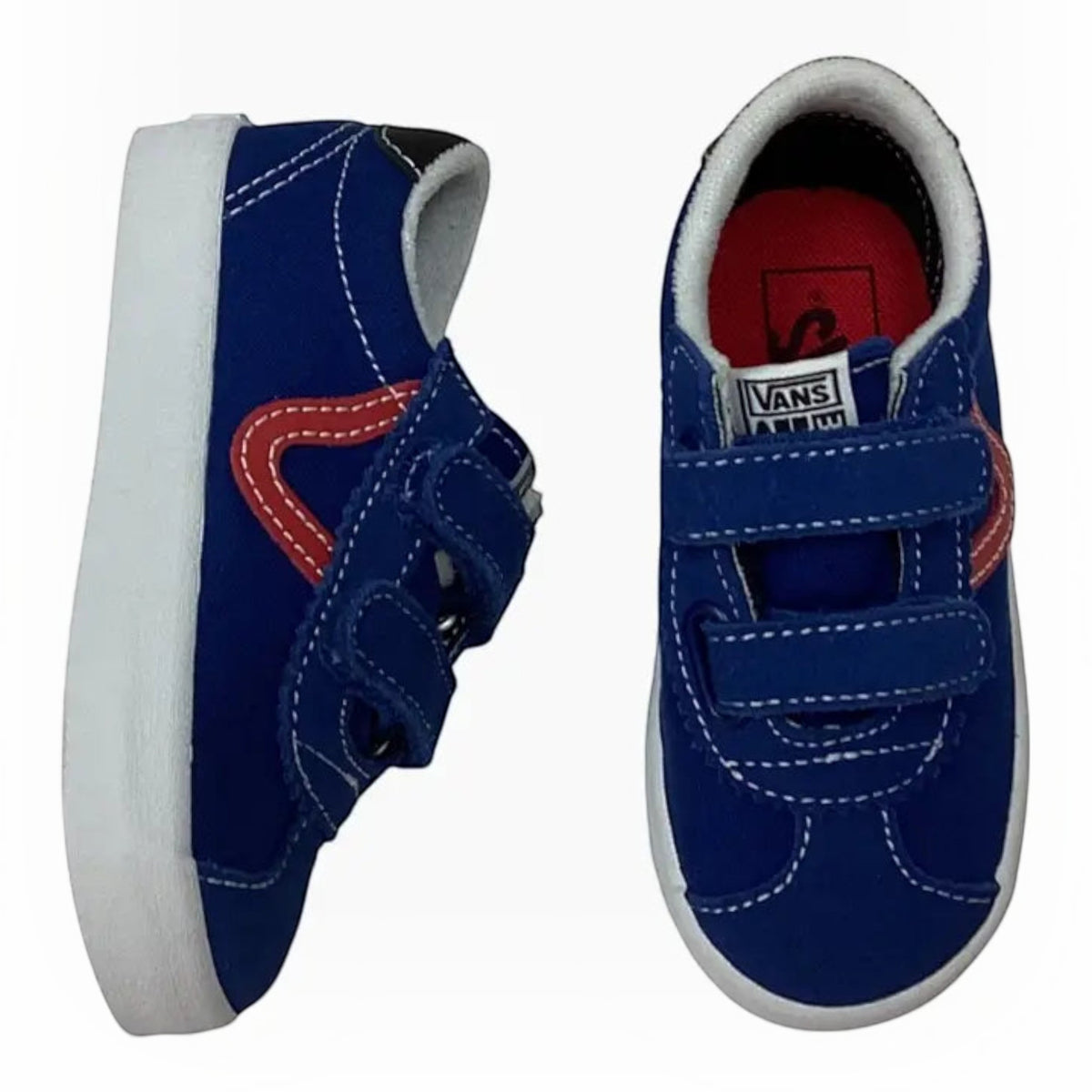 The Shoe Shop toddler Vans Sport Low V sneakers in blue canvas and suede with red V sidestripe and velcro straps.