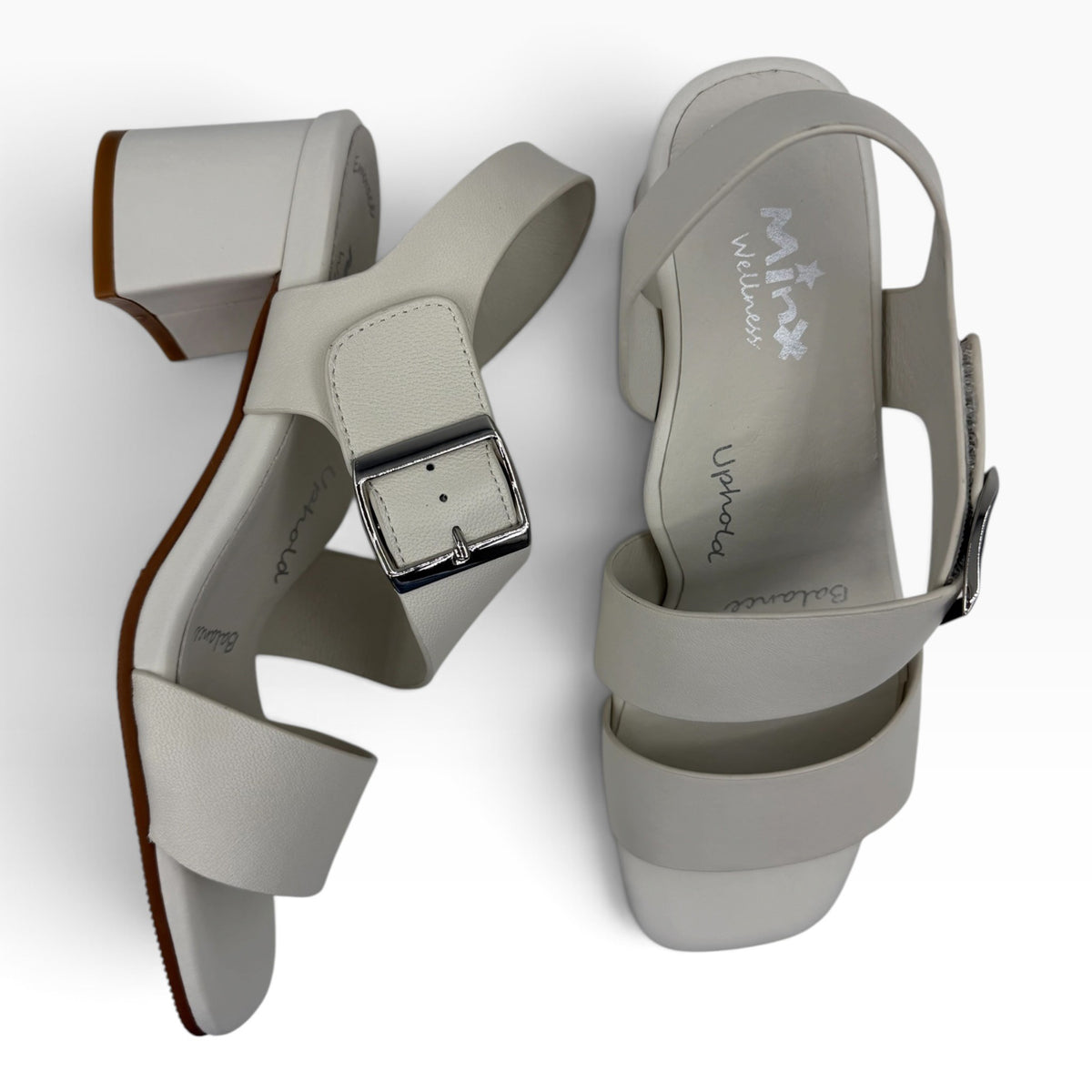 The Shoe Shop Vibe off-white leather block heel sandals with adjustable silver buckles and cushioned insoles