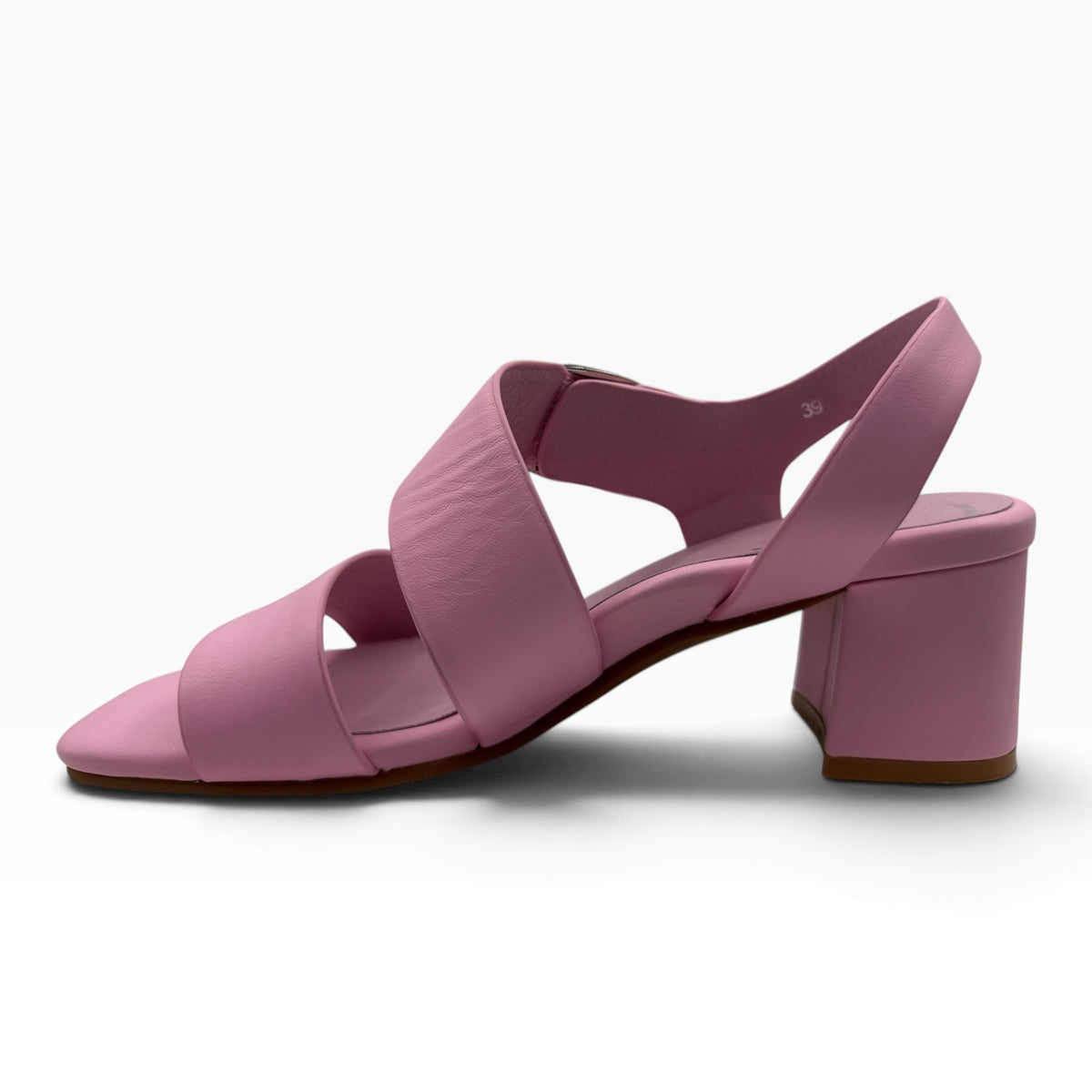 The Shoe Shop Vibe sandal in soft pink leather with a comfortable block heel and crisscross strap design