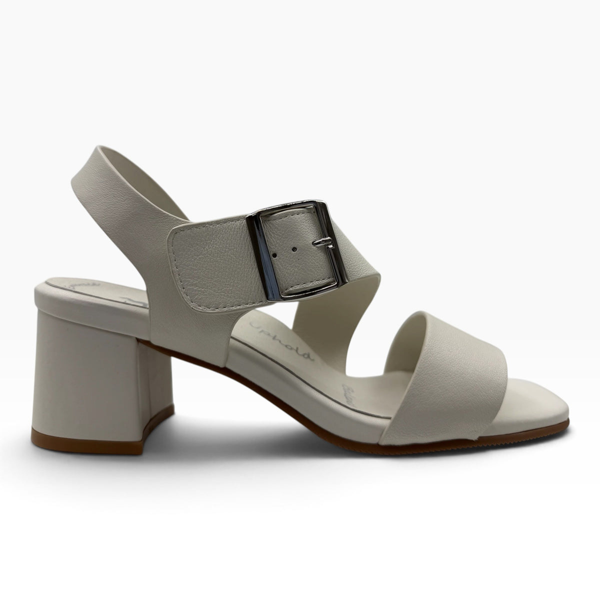 The Shoe Shop Vibe white leather block heel sandal with an adjustable side buckle strap