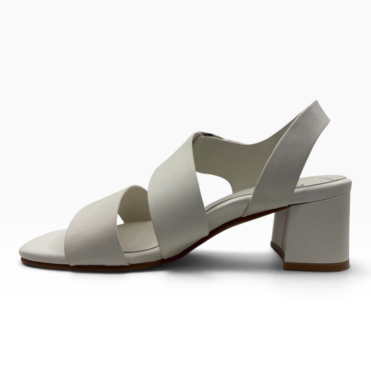 The Shoe Shop Vibe white leather block heel sandal with a side strap design and open toe