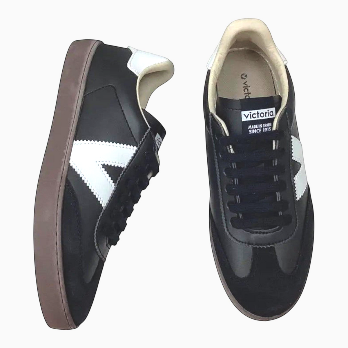 The Shoe Shop Victoria Berlin black leather and suede sneakers with white V logo and rubber sole