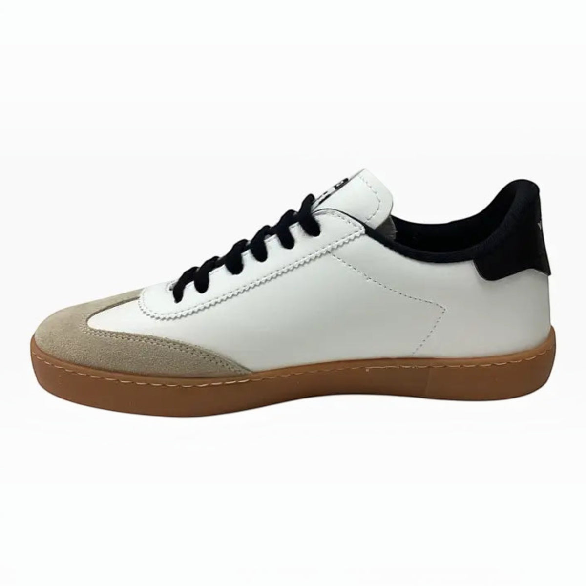 The Shoe Shop Victoria Berlin white leather sneaker with beige suede toe, black laces, and gum rubber sole
