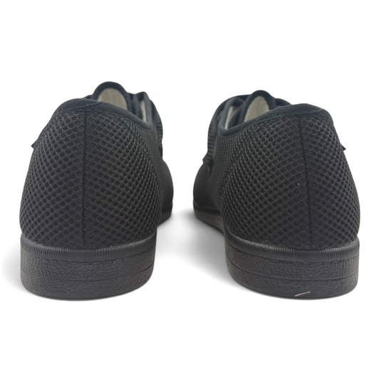 The Shoe Shop Wallaby black breathable mesh wide-fit slippers with Resistex Silver yarn, rear view.