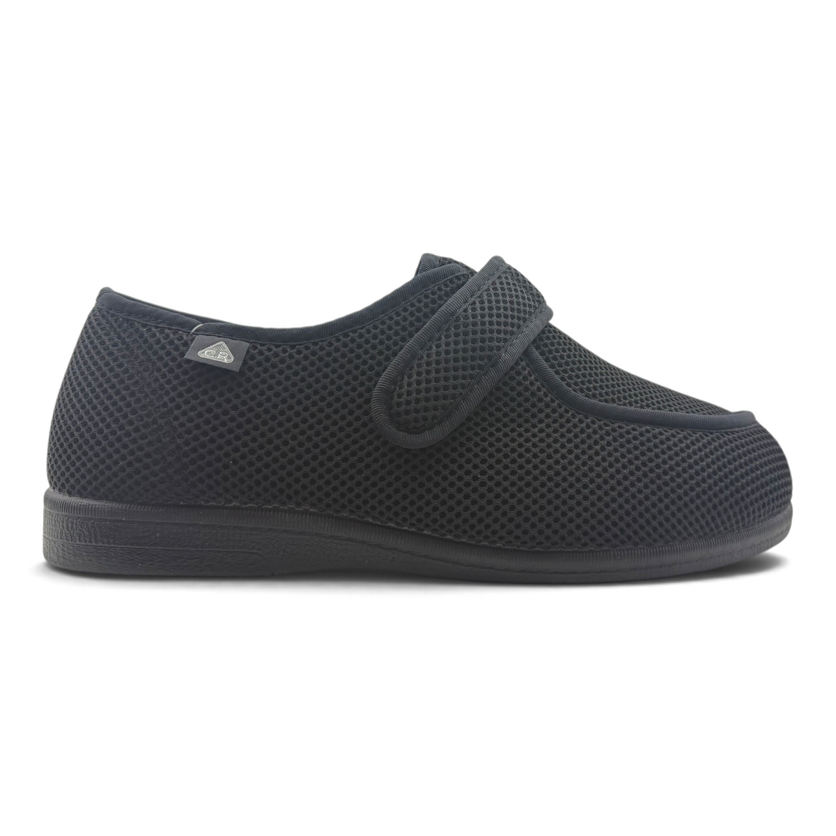 The Shoe Shop Wallaby black mesh slipper with wide fit, adjustable strap, and Resistex Silver yarn technology.