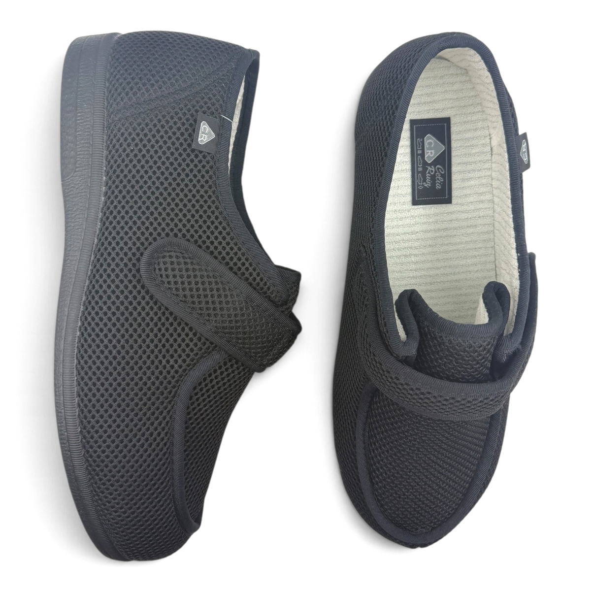 The Shoe Shop Wallaby black mesh slippers with wide fit and Resistex Silver yarn technology for everyday comfort.