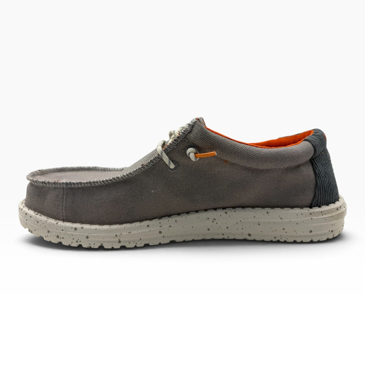 The Shoe Shop Wally grey canvas slip-on shoe with orange interior lining and speckled white rubber sole