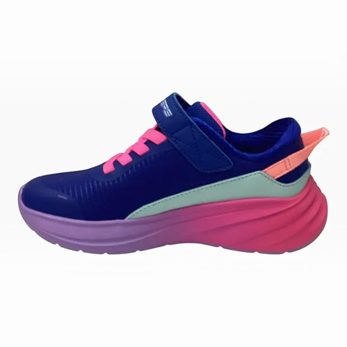 The Shoe Shop Wave 92 Imara Lite kids sneaker in blue mesh with pink, purple, and aqua accents and a cushioned sole.