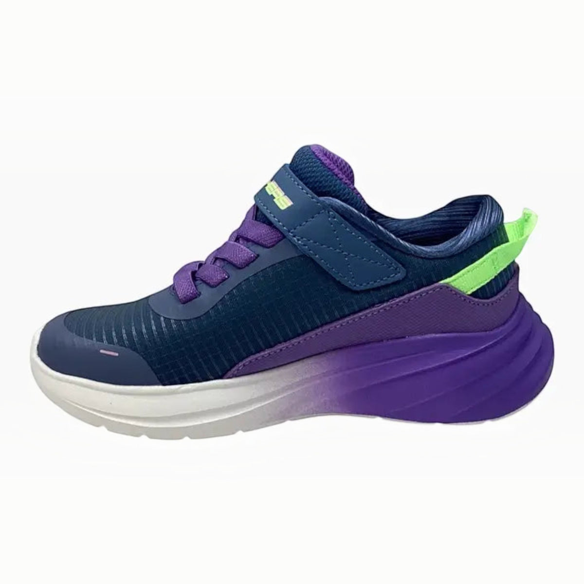 The Shoe Shop Wave 92 Imara Lite kids sneaker in navy, purple, and aqua with mesh upper and hook-and-loop strap.