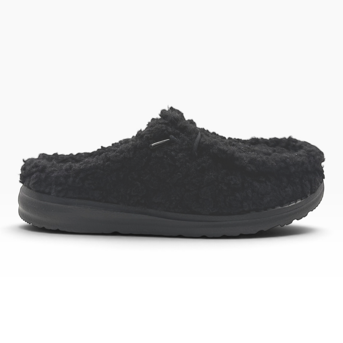 The Shoe Shop Wendy black fuzzy sherpa slip-on mule with a comfortable flat sole