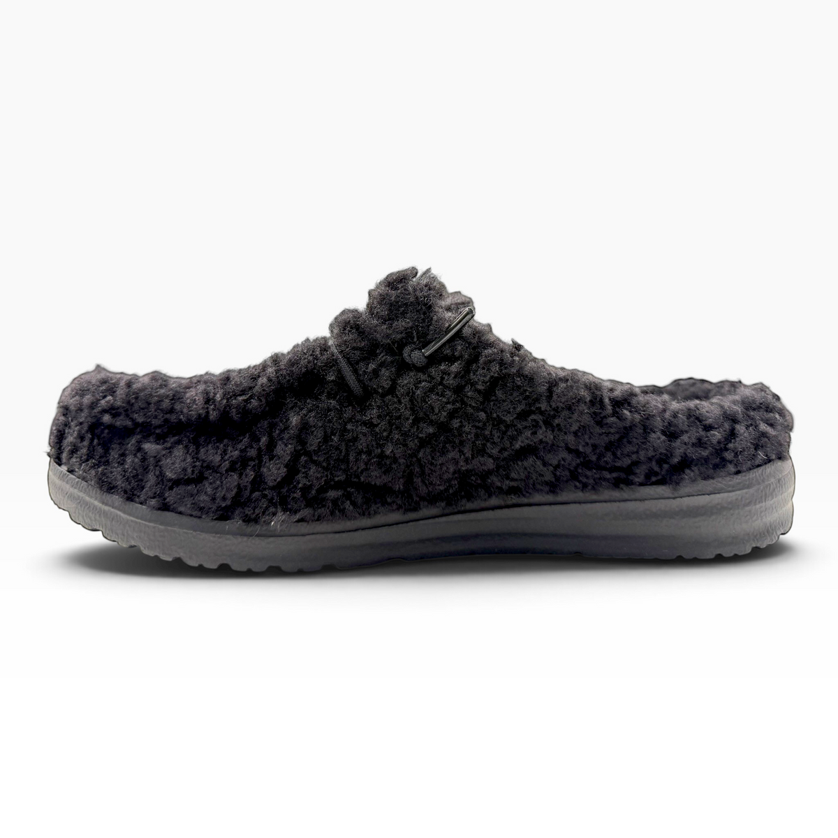 The Shoe Shop Wendy black fuzzy shearling slip-on mule with a durable rubber sole