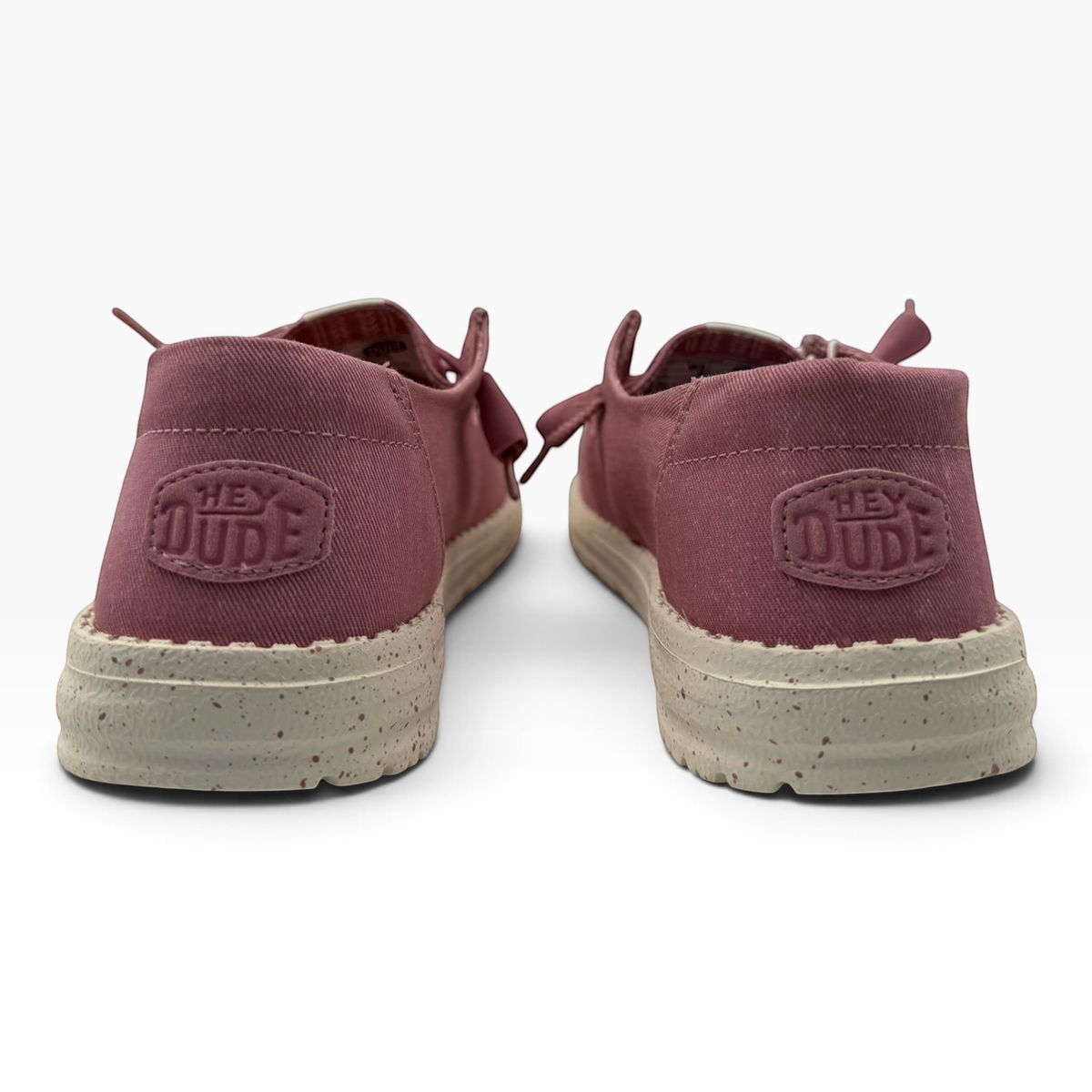 The Shoe Shop Wendy Stretch slip-on shoes in dusty rose canvas with a speckled beige rubber sole and rear logo patch