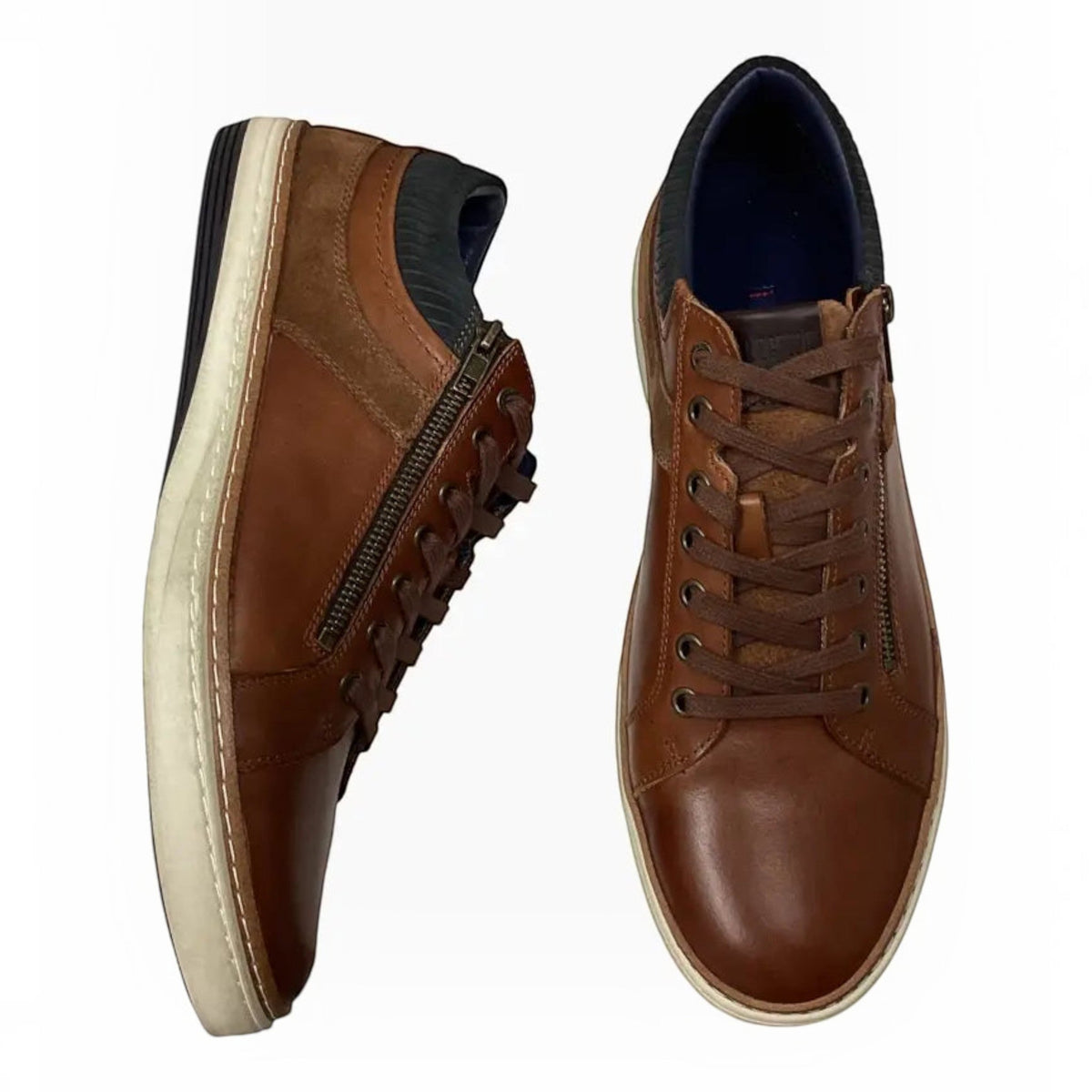 The Shoe Shop Whistle brown full-grain leather casual sneakers with side zip and off-white rubber outsole