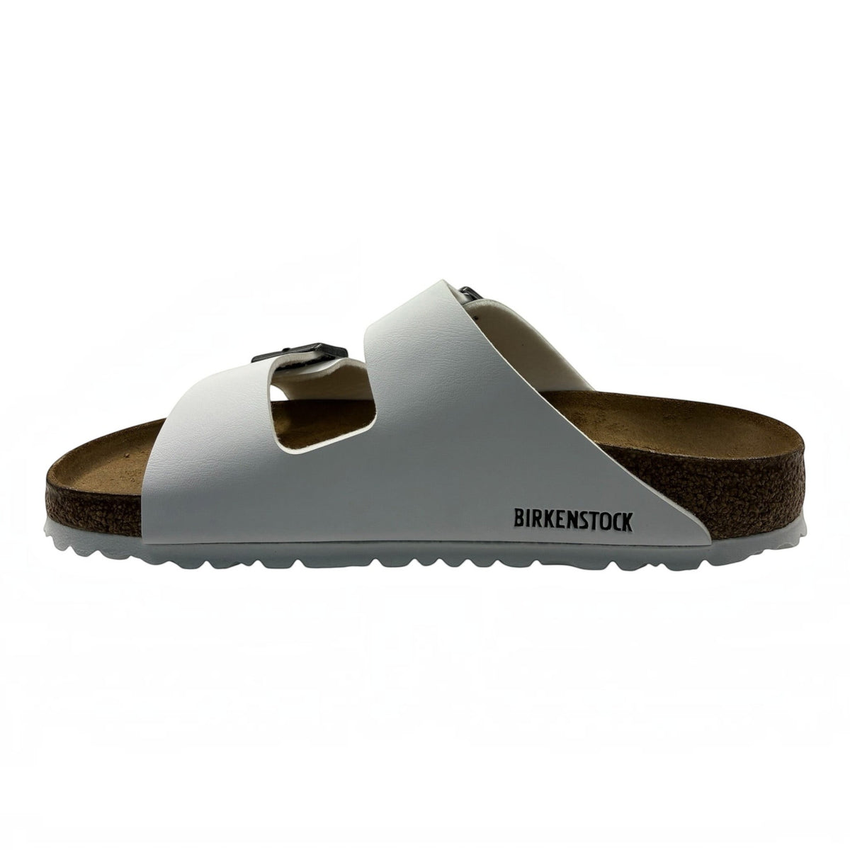 The Shoe Shop white Arizona Birko-Flor two-strap sandal with cork-latex footbed and adjustable metal buckles
