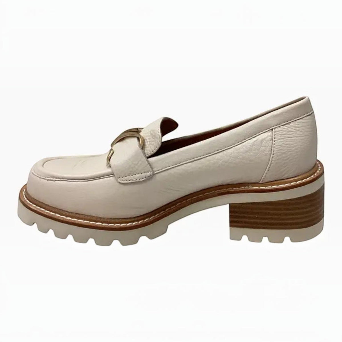 The Shoe Shop Dylan white leather loafer with gold-tone buckle, front zip, and chunky low block heel.