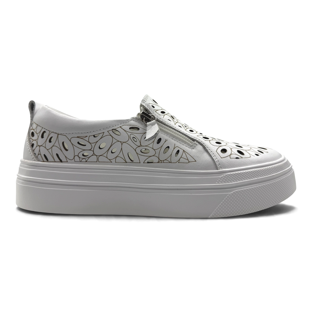 The Shoe Shop Triffic white leather sneaker with laser-cut floral patterns, side zip, and a thick platform sole.