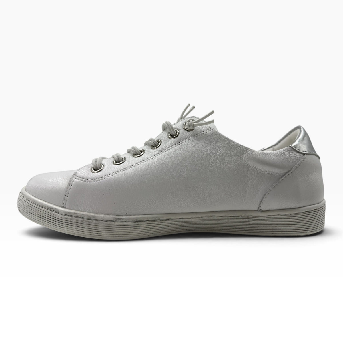 The Shoe Shop Rilassare Temi white leather sneaker with elastic laces and a metallic silver heel detail