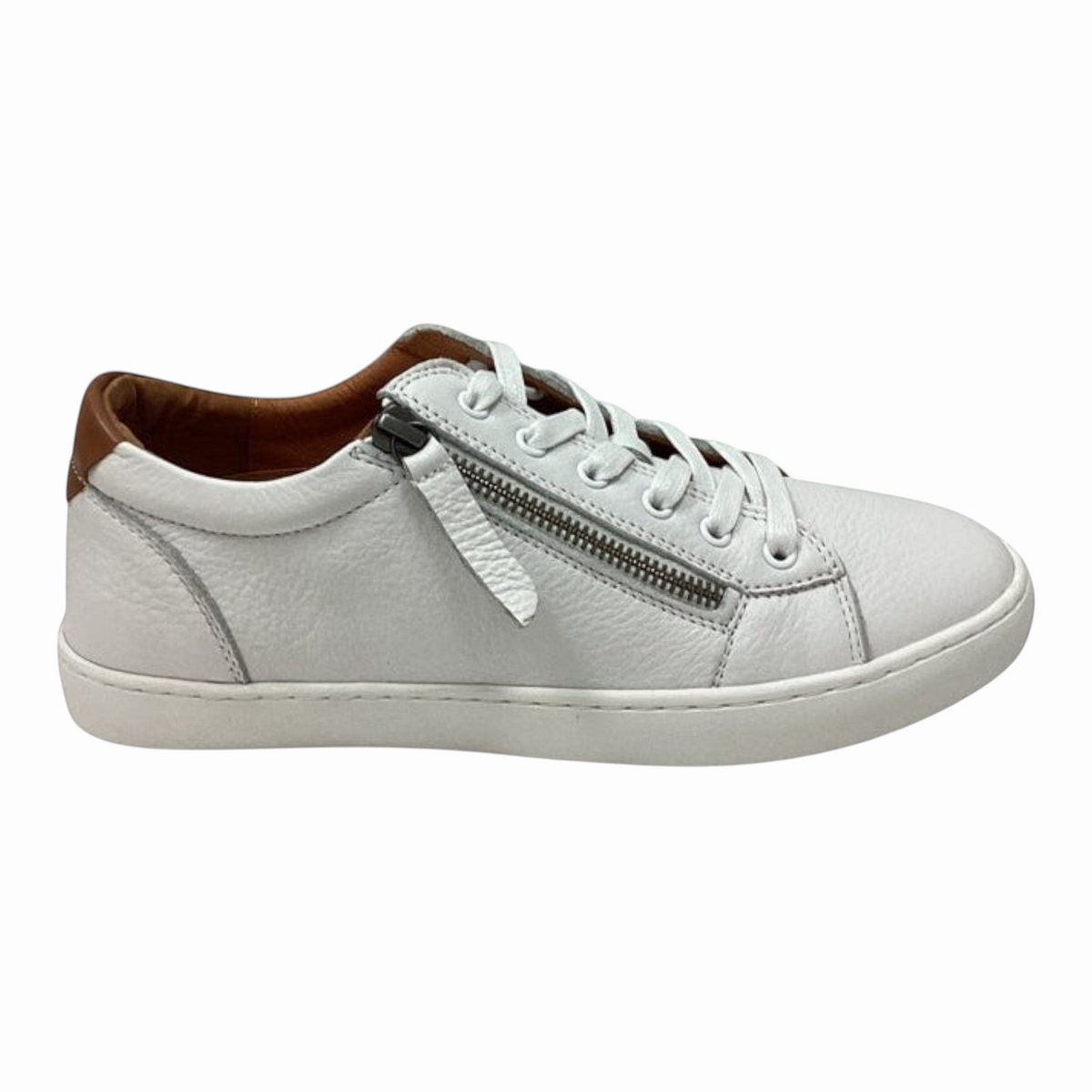 The Shoe Shop Gelato Manhatten white pebbled leather sneaker with side zip and tan heel tab