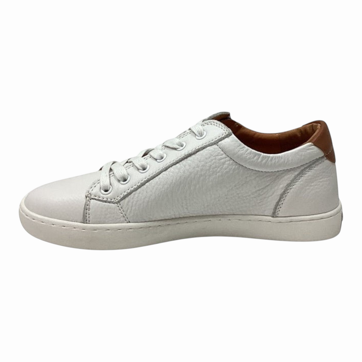 The Shoe Shop Gelato Manhatten white pebbled leather sneaker with a tan heel tab and lace-up closure.