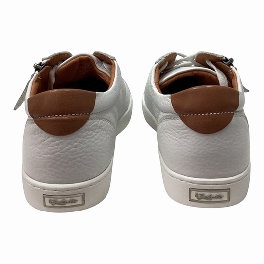 The Shoe Shop Gelato Manhatten white pebbled leather sneakers with tan heel tabs and rubber soles, rear view.