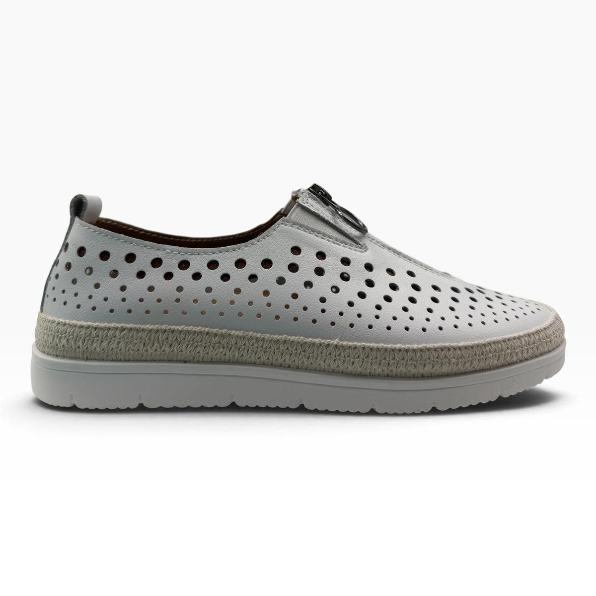 The Shoe Shop New Mercury white perforated leather slip-on shoe with a jute-wrapped midsole and front zipper detail.