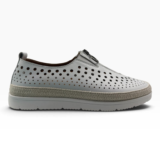 The Shoe Shop New Mercury white perforated leather slip-on shoe with a jute-wrapped midsole and front zipper detail.