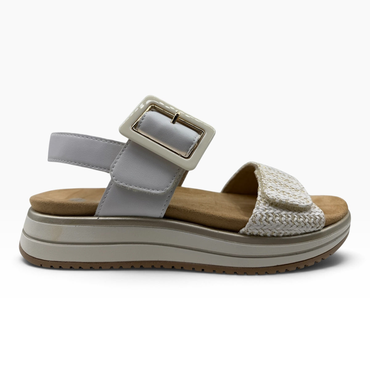 The Shoe Shop SamD1J white platform sandal with woven strap detail, adjustable buckle, and comfortable tan footbed.