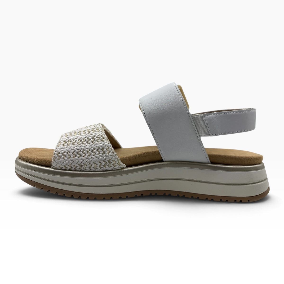 The Shoe Shop SamD1J white and woven textured flat sandal with a comfortable cushioned footbed and back strap