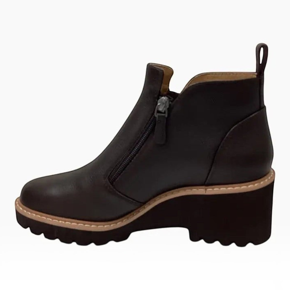 The Shoe Shop Whitney black leather ankle boot with twin side zips and a 60mm wedge heel